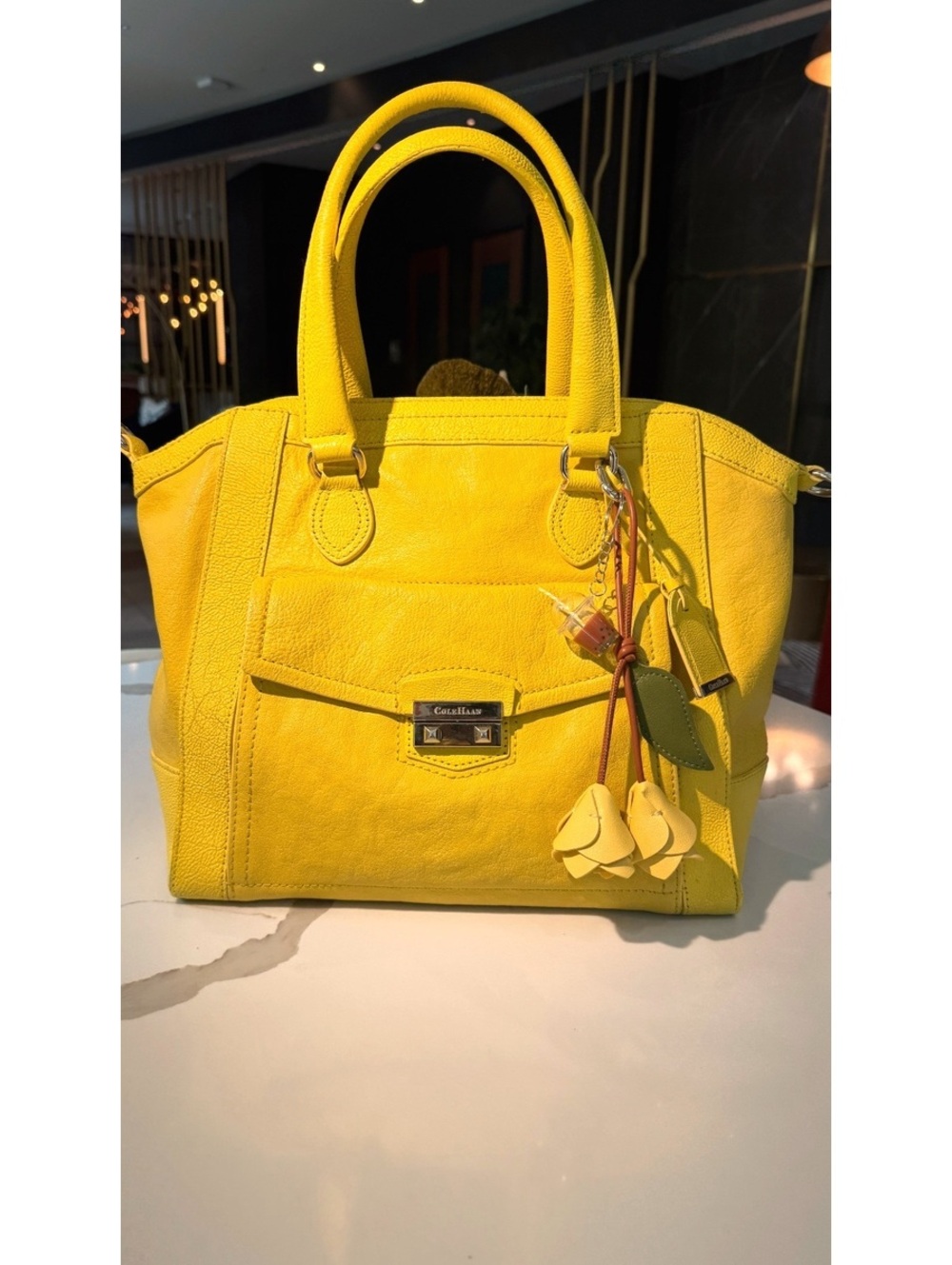 Cole Haan Zoe Yellow Pebbled Leather Satchel  Bag